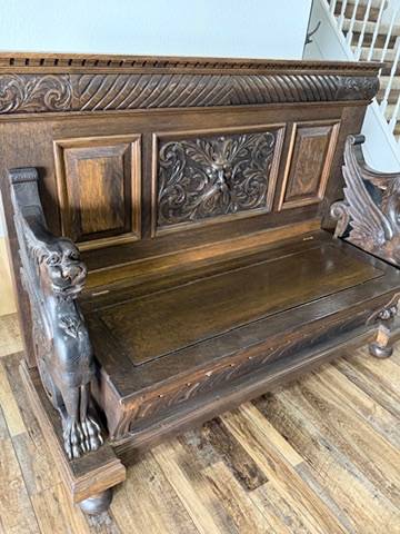 Antique Renaissance Revival Carved Wood Griffin/Lion Hall Bench Settle with Storage