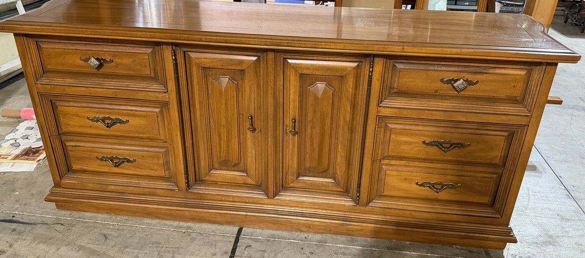 Vintage "Tierra" Solid Genuine Pecan Triple Dresser Credenza w/ Matching Twin Mirrors