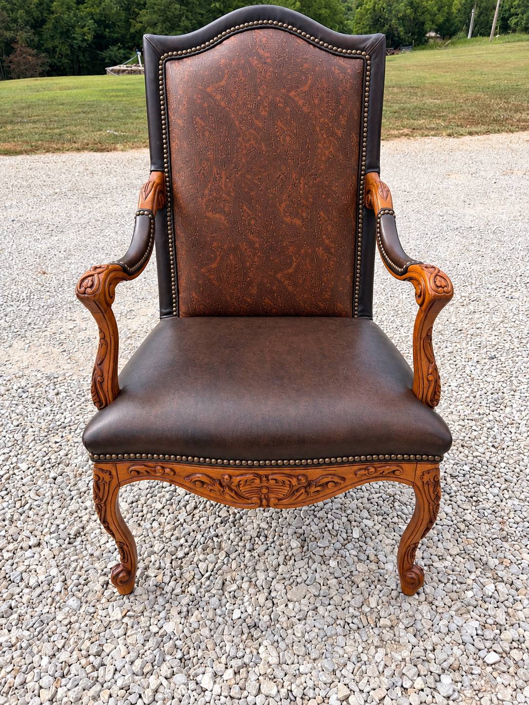 Carved Wood Traditional Armchair with Faux Leather Upholstery