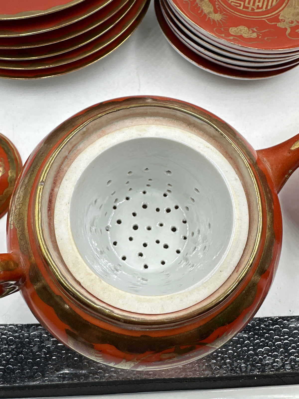 Gold and Orange Vintage Asian teapot and plates etc