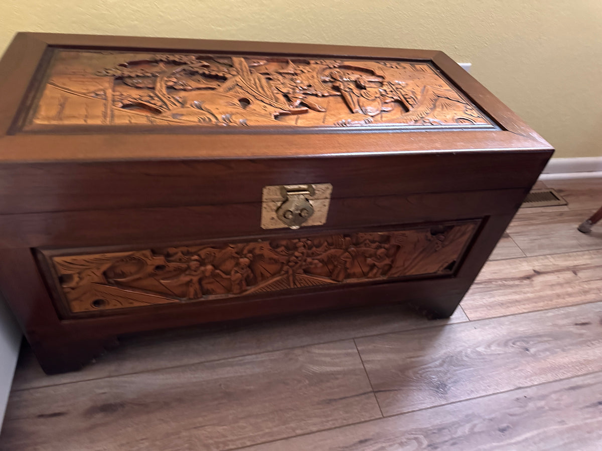 Carved Vintage Asian themed wooden trunk chest