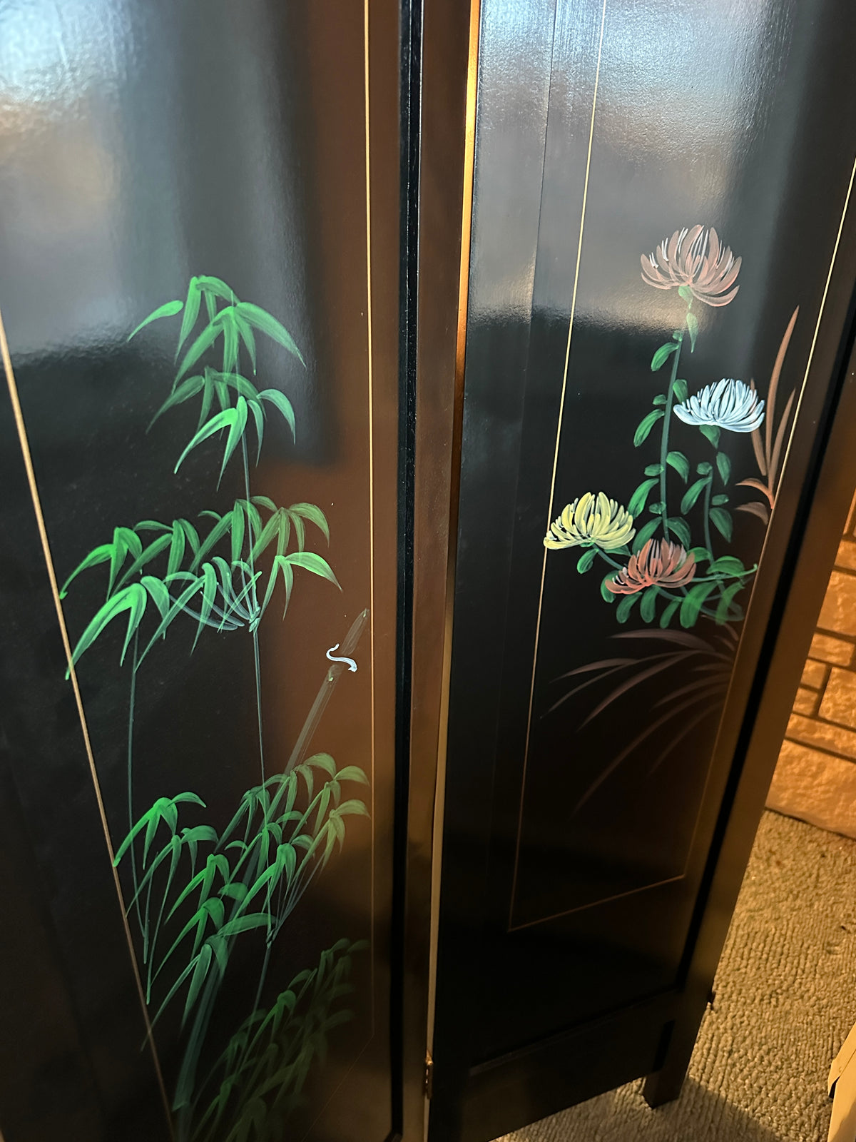 Vintage Asian black hand painted screen room divider