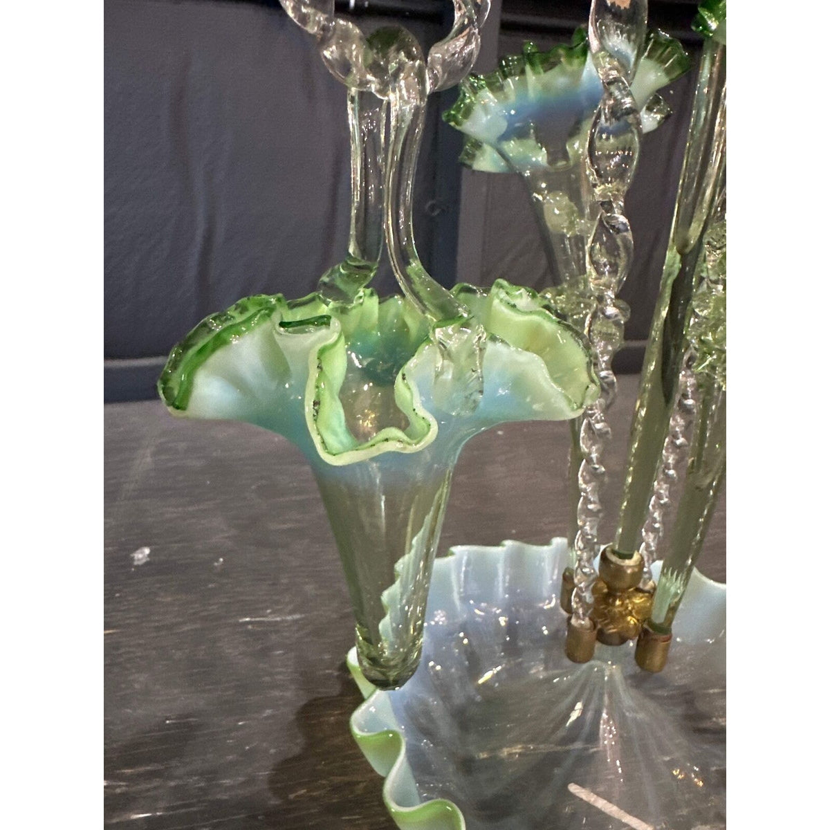 Victorian Epergne 5 horn vase with rigoree green