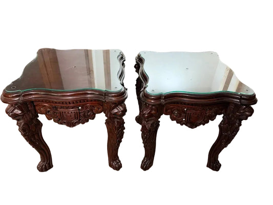 Pair of Ornate Carved Mahogany Glass-Top End Tables