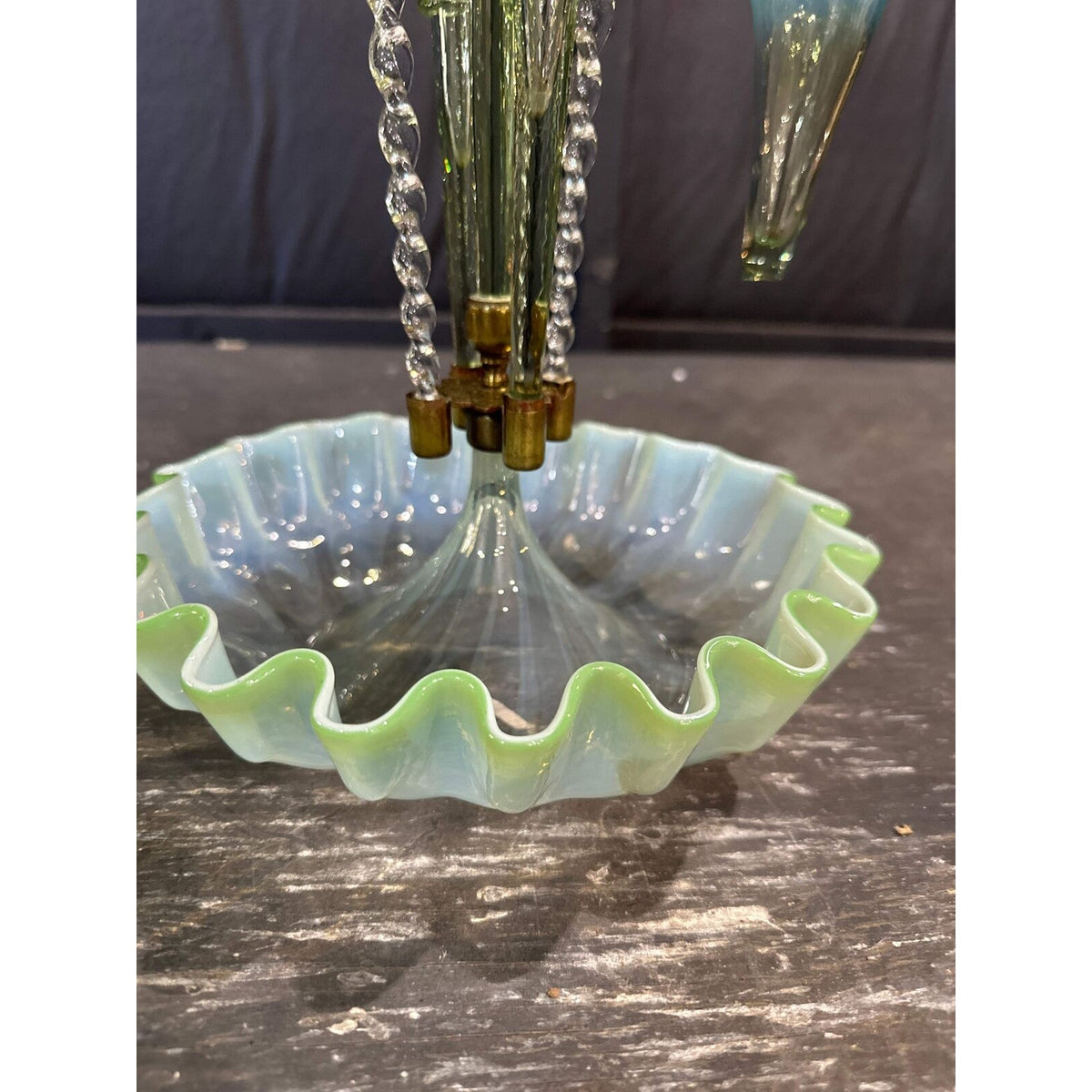 Victorian Epergne 5 horn vase with rigoree green