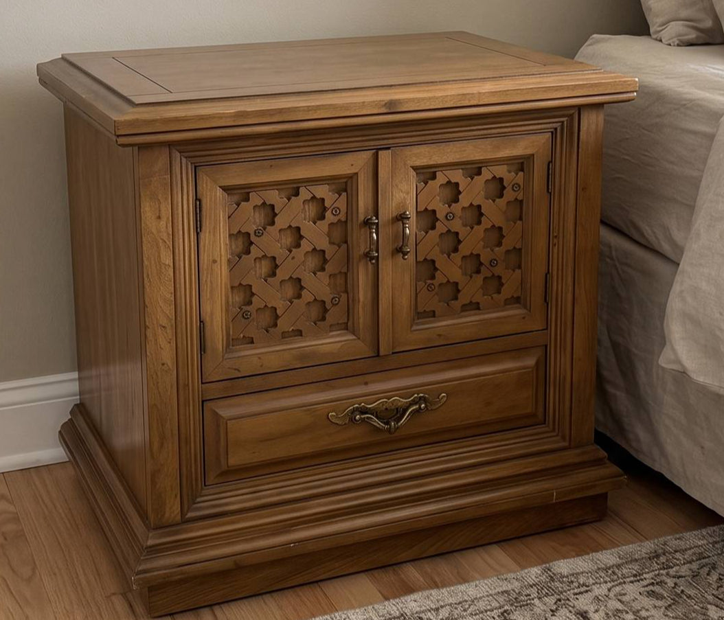 Vintage Spanish Revival / Mediterranean Carved Wood Nightstand Bedside Table