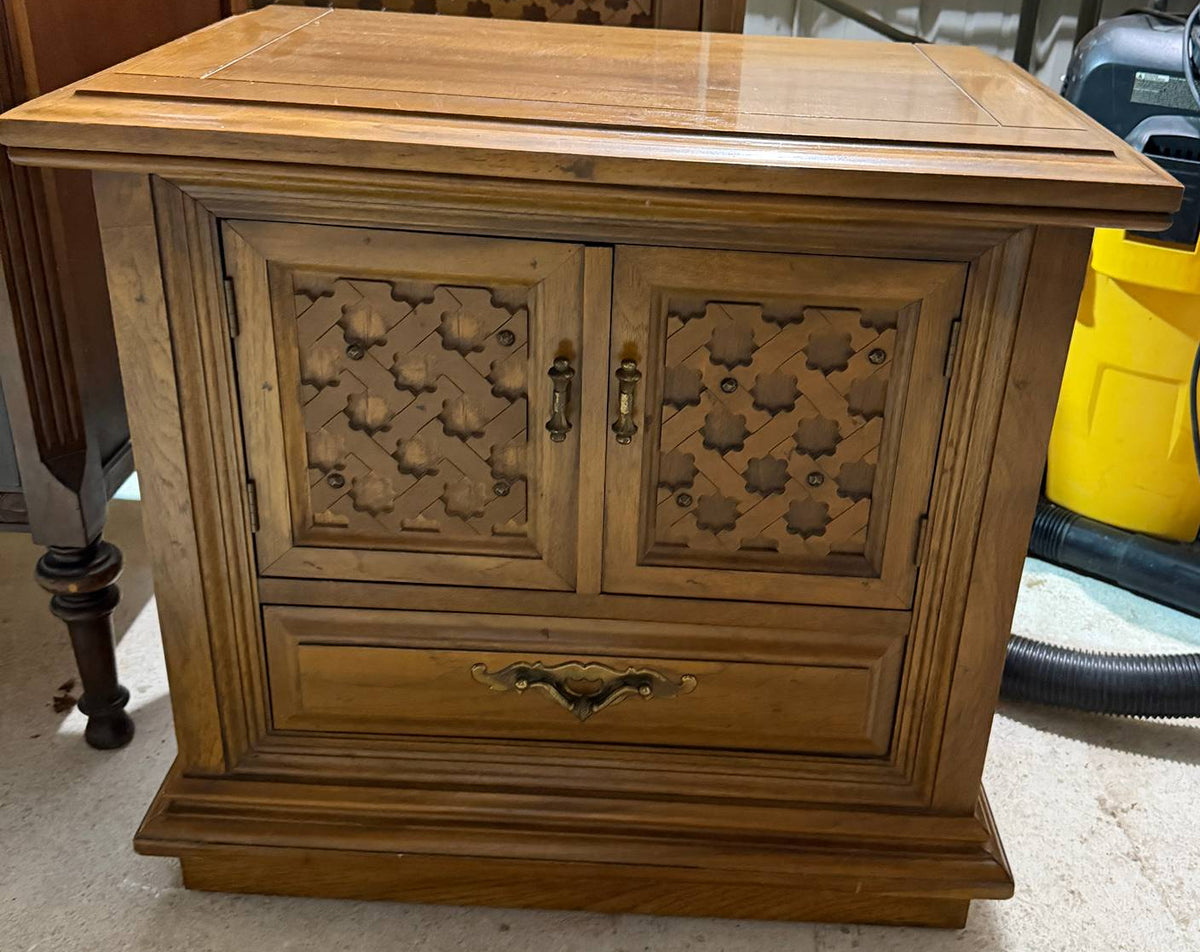 Vintage Spanish Revival / Mediterranean Carved Wood Nightstand Bedside Table