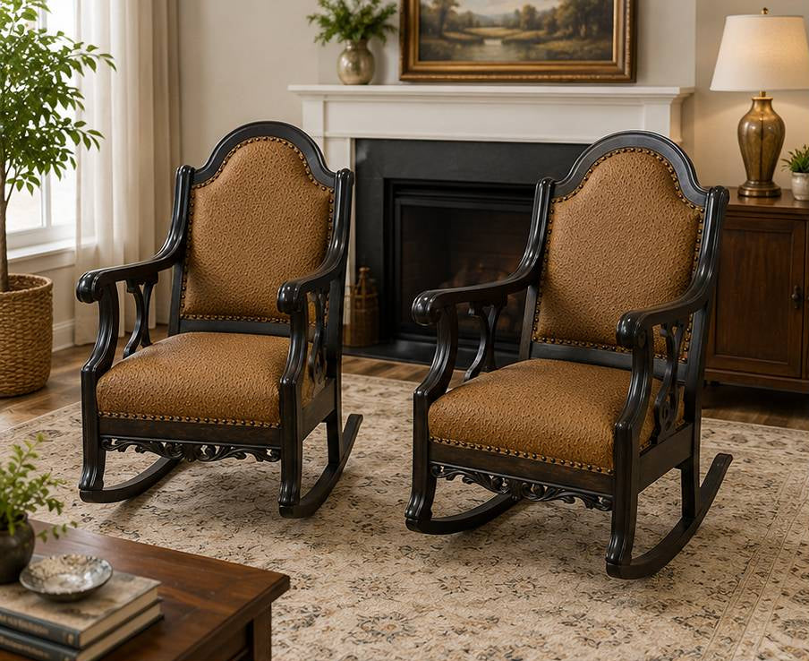 Pair Vintage Upholstered Wood Rocking Chairs Scroll Arms Nailhead Trim Rockers