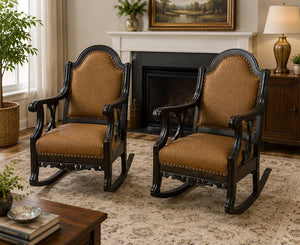 Pair Vintage Upholstered Wood Rocking Chairs Scroll Arms Nailhead Trim Rockers