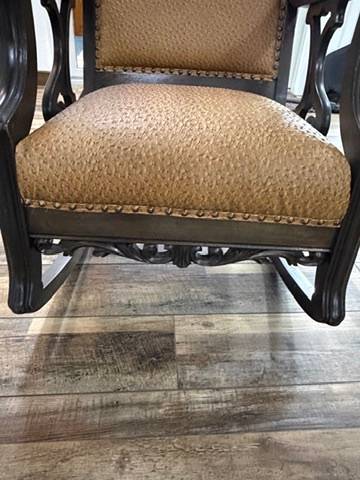 Pair Vintage Upholstered Wood Rocking Chairs Scroll Arms Nailhead Trim Rockers