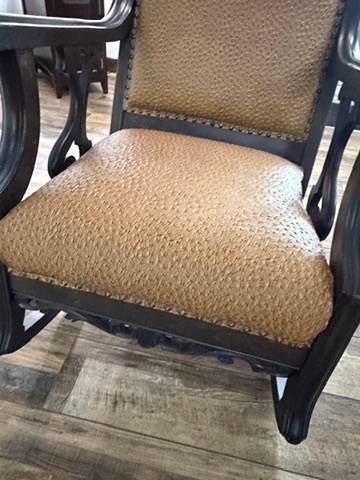 Pair Vintage Upholstered Wood Rocking Chairs Scroll Arms Nailhead Trim Rockers