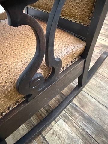 Pair Vintage Upholstered Wood Rocking Chairs Scroll Arms Nailhead Trim Rockers