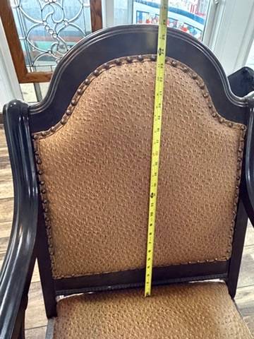 Pair Vintage Upholstered Wood Rocking Chairs Scroll Arms Nailhead Trim Rockers