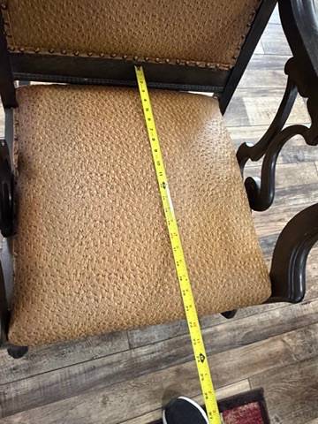Pair Vintage Upholstered Wood Rocking Chairs Scroll Arms Nailhead Trim Rockers