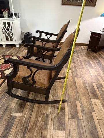 Pair Vintage Upholstered Wood Rocking Chairs Scroll Arms Nailhead Trim Rockers