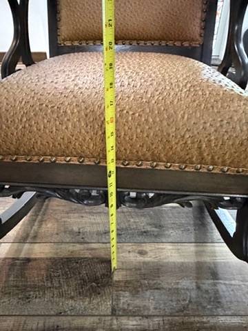 Pair Vintage Upholstered Wood Rocking Chairs Scroll Arms Nailhead Trim Rockers