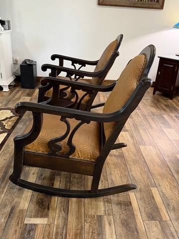 Pair Vintage Upholstered Wood Rocking Chairs Scroll Arms Nailhead Trim Rockers
