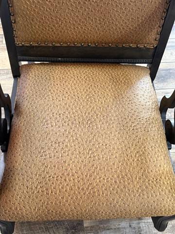 Pair Vintage Upholstered Wood Rocking Chairs Scroll Arms Nailhead Trim Rockers