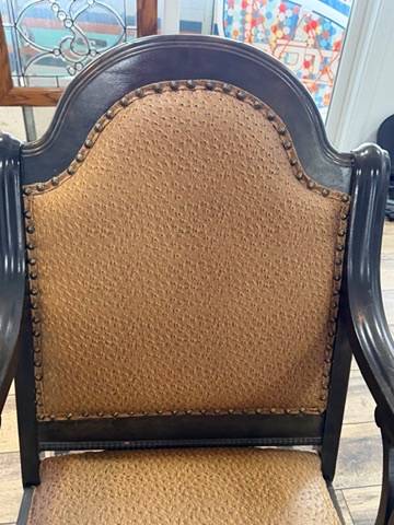 Pair Vintage Upholstered Wood Rocking Chairs Scroll Arms Nailhead Trim Rockers