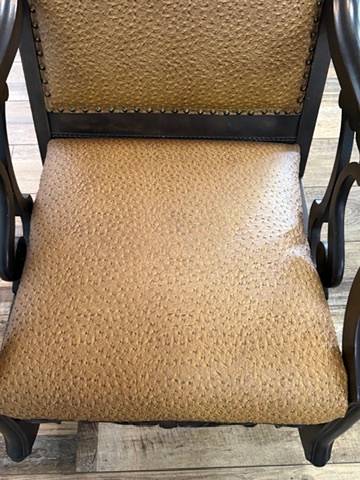 Pair Vintage Upholstered Wood Rocking Chairs Scroll Arms Nailhead Trim Rockers