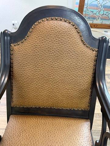 Pair Vintage Upholstered Wood Rocking Chairs Scroll Arms Nailhead Trim Rockers