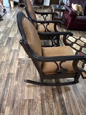 Pair Vintage Upholstered Wood Rocking Chairs Scroll Arms Nailhead Trim Rockers