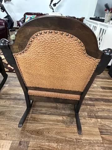 Pair Vintage Upholstered Wood Rocking Chairs Scroll Arms Nailhead Trim Rockers