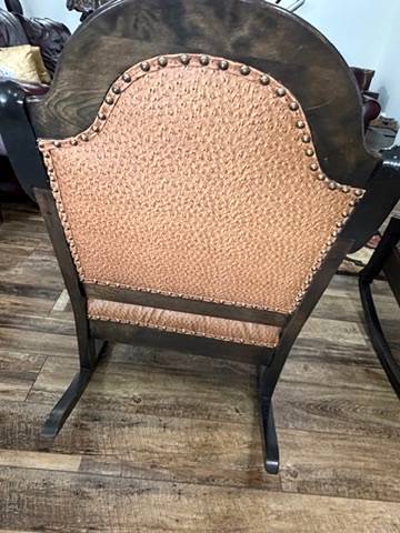 Pair Vintage Upholstered Wood Rocking Chairs Scroll Arms Nailhead Trim Rockers