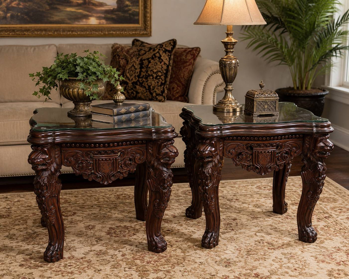 Pair of Ornate Carved Mahogany Glass-Top End Tables