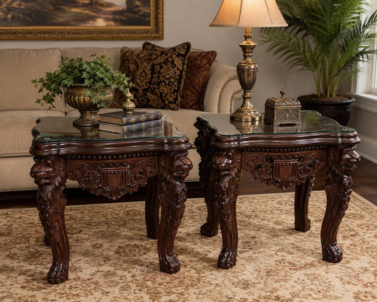 Pair of Ornate Carved Mahogany Glass-Top End Tables