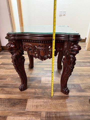Pair of Ornate Carved Mahogany Glass-Top End Tables