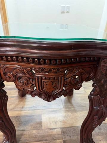 Pair of Ornate Carved Mahogany Glass-Top End Tables