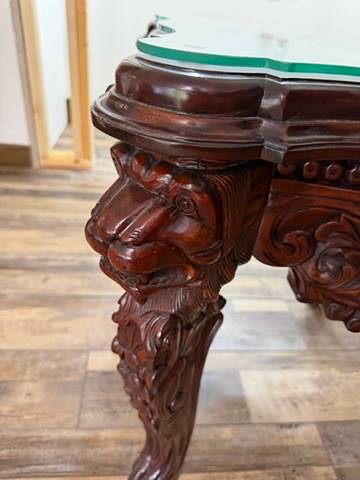 Pair of Ornate Carved Mahogany Glass-Top End Tables