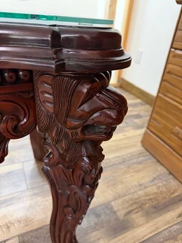 Pair of Ornate Carved Mahogany Glass-Top End Tables