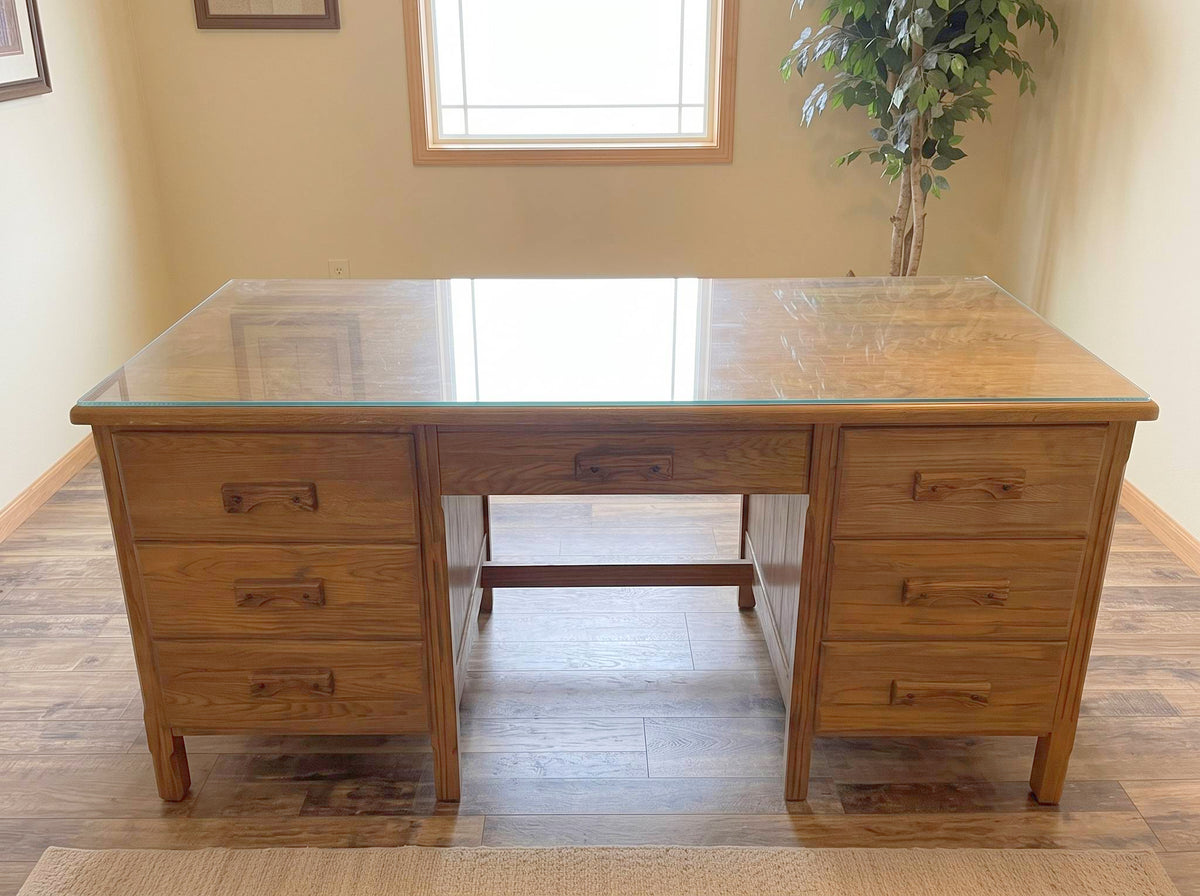 Authentic Vintage A. Brandt "Ranch Oak" Solid Oak Executive Desk w/ Custom Glass Top