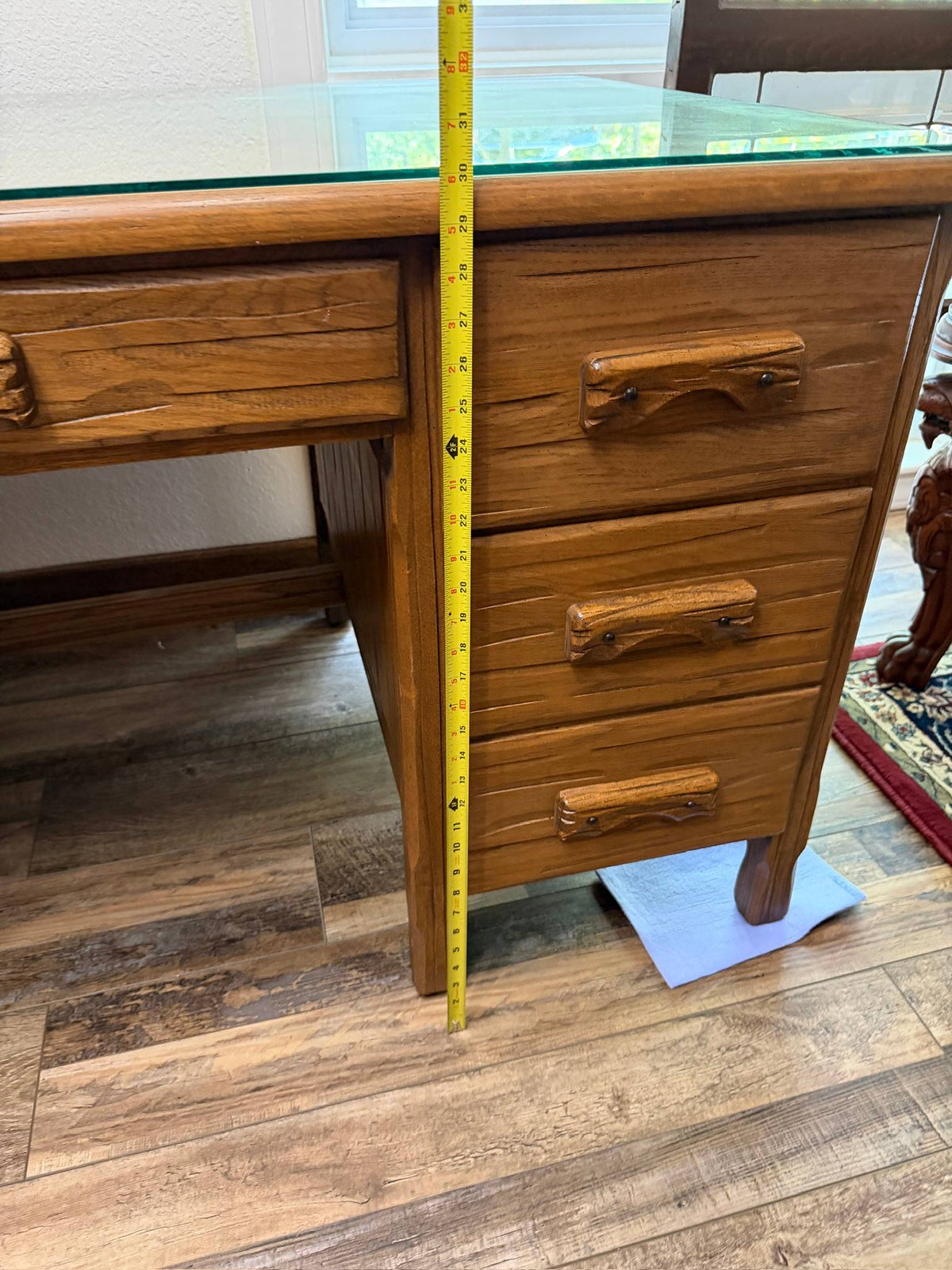 Authentic Vintage A. Brandt "Ranch Oak" Solid Oak Executive Desk w/ Custom Glass Top