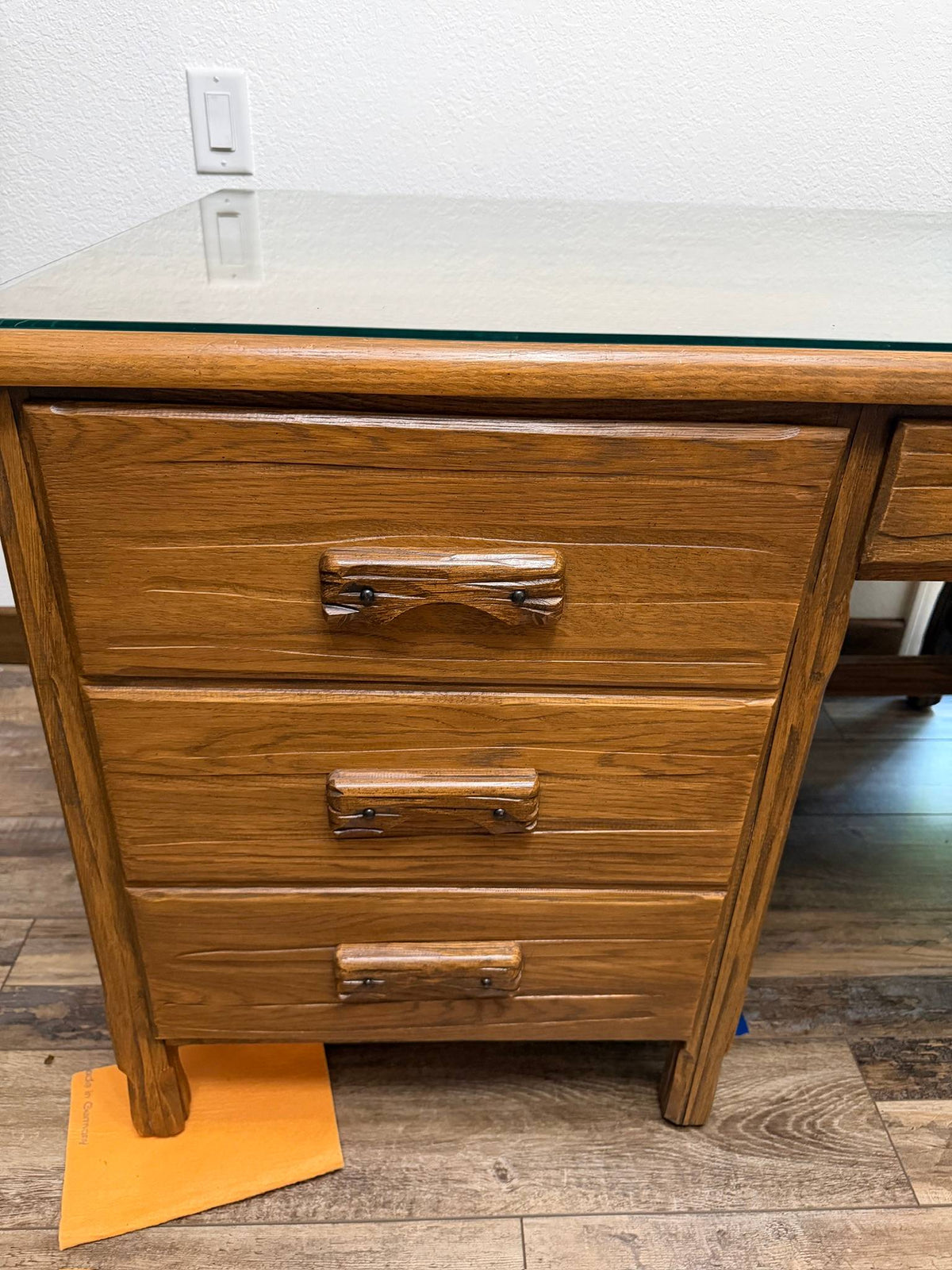Authentic Vintage A. Brandt "Ranch Oak" Solid Oak Executive Desk w/ Custom Glass Top
