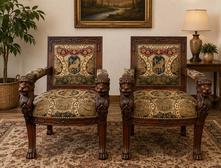 Pair Ornate Carved Wood Lion Head Armchairs Tapestry Upholstery Paw Feet