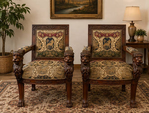 Pair Ornate Carved Wood Lion Head Armchairs Tapestry Upholstery Paw Feet
