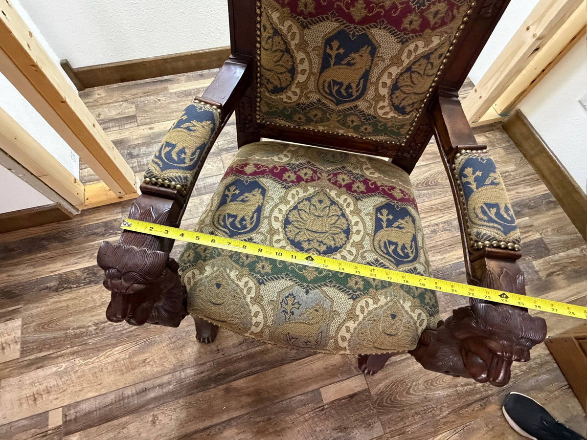 Pair Ornate Carved Wood Lion Head Armchairs Tapestry Upholstery Paw Feet