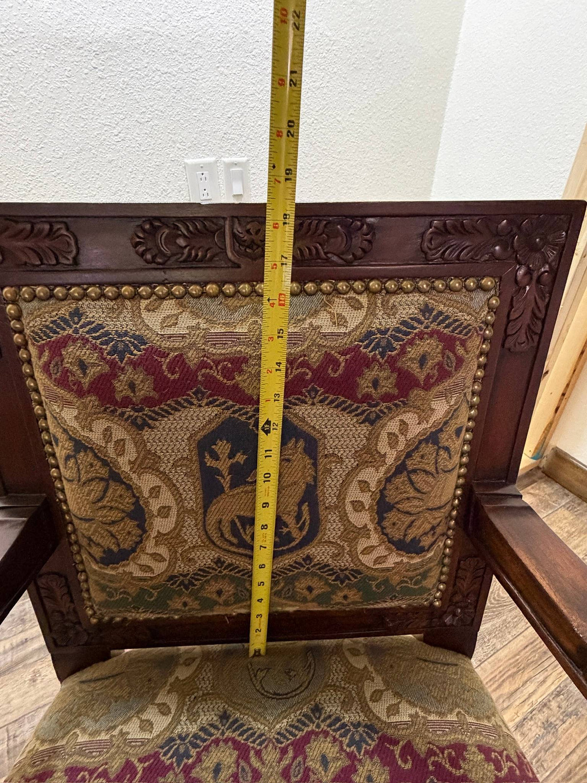 Pair Ornate Carved Wood Lion Head Armchairs Tapestry Upholstery Paw Feet