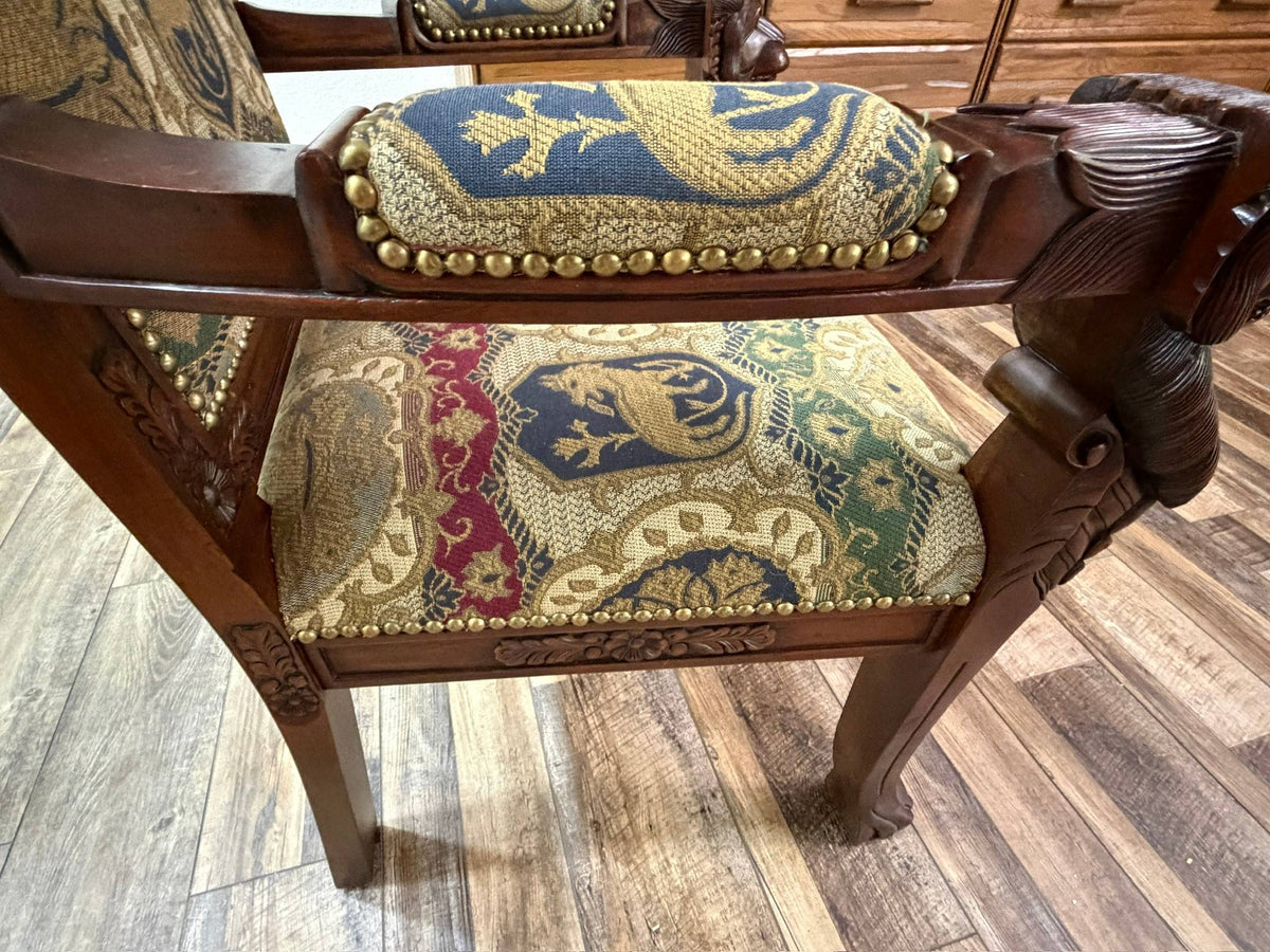 Pair Ornate Carved Wood Lion Head Armchairs Tapestry Upholstery Paw Feet