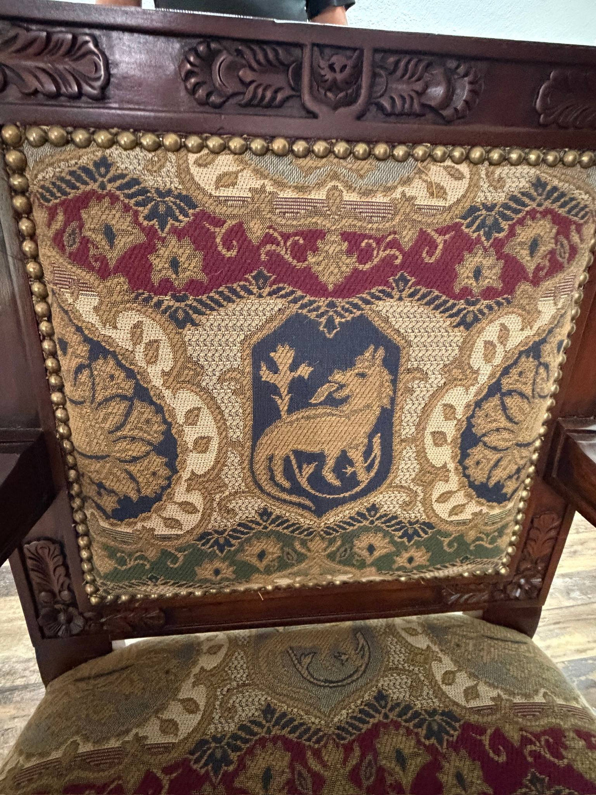 Pair Ornate Carved Wood Lion Head Armchairs Tapestry Upholstery Paw Feet