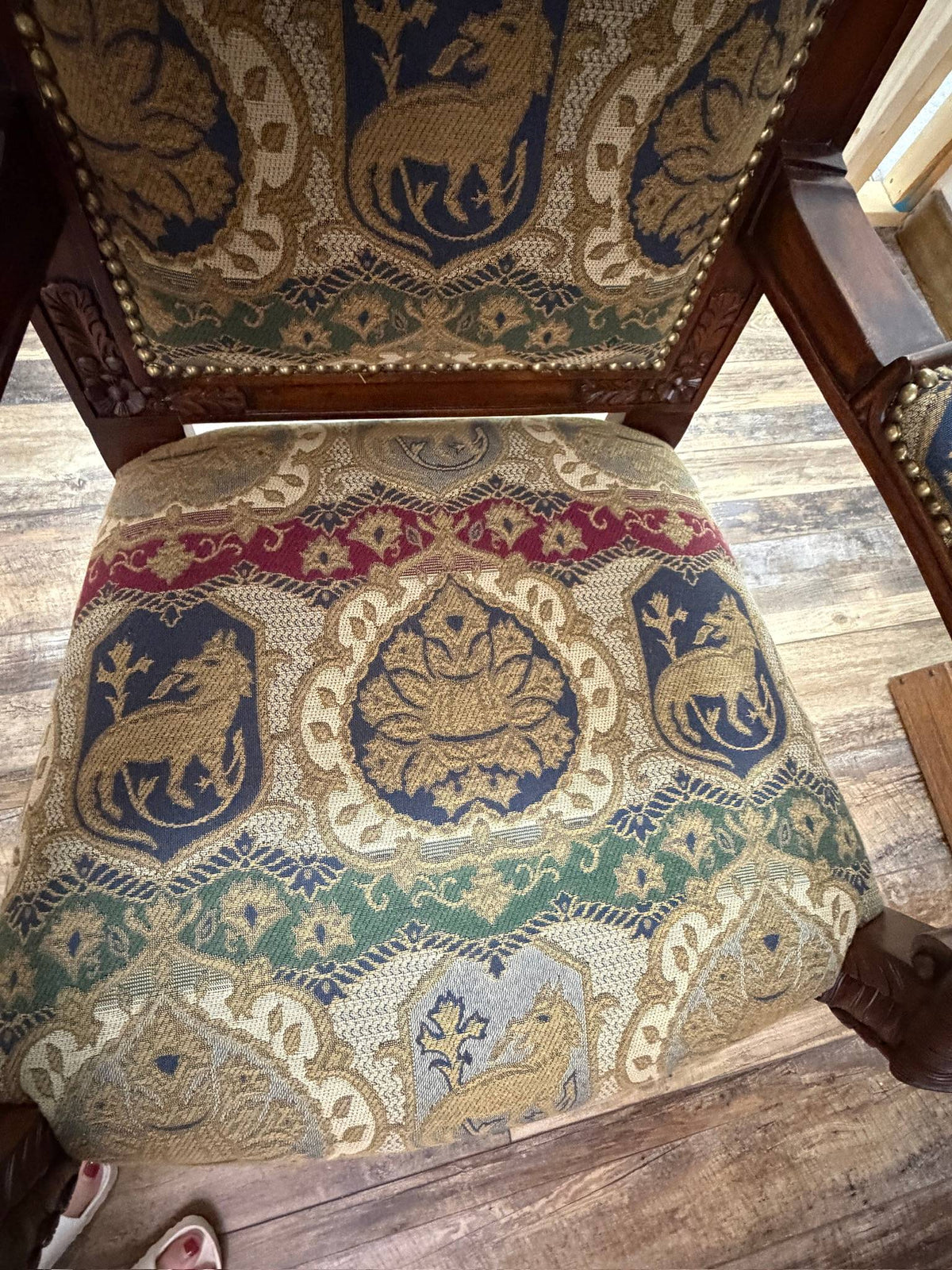 Pair Ornate Carved Wood Lion Head Armchairs Tapestry Upholstery Paw Feet