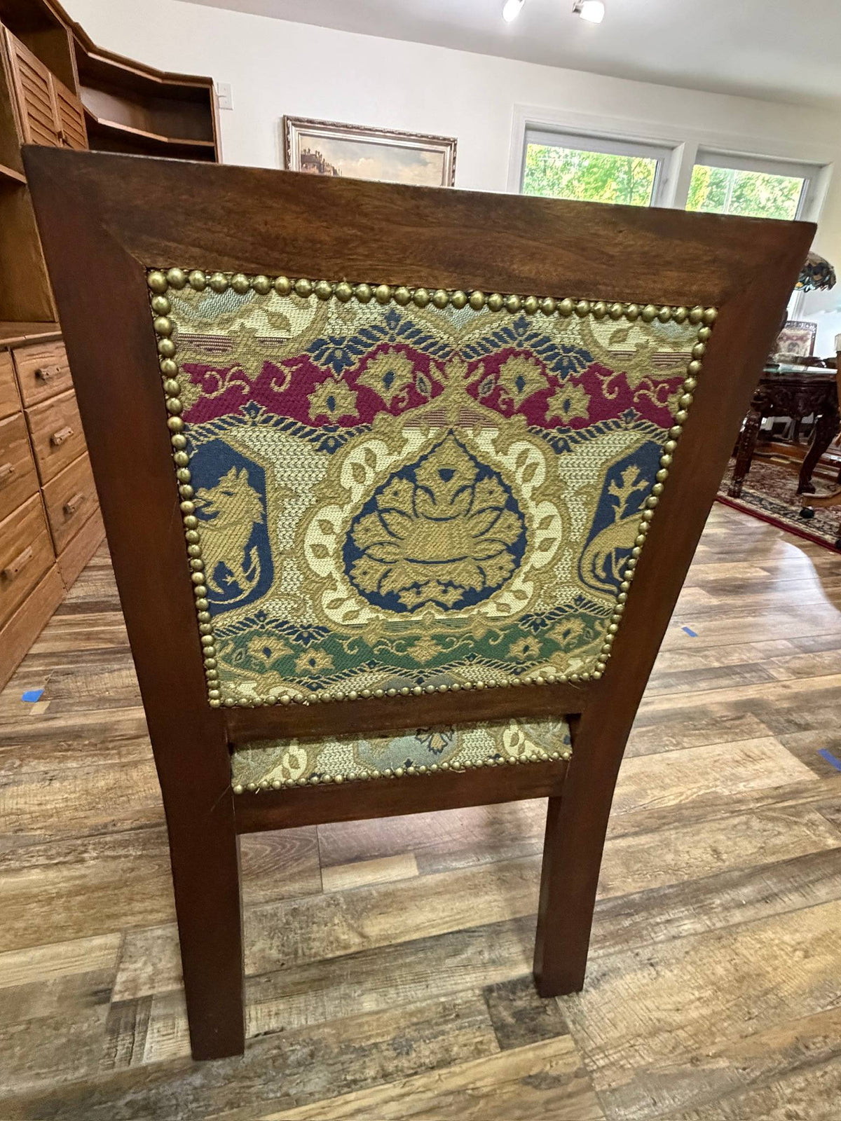 Pair Ornate Carved Wood Lion Head Armchairs Tapestry Upholstery Paw Feet