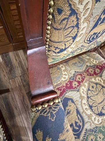 Pair Ornate Carved Wood Lion Head Armchairs Tapestry Upholstery Paw Feet