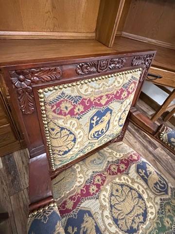 Pair Ornate Carved Wood Lion Head Armchairs Tapestry Upholstery Paw Feet