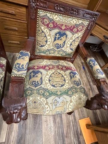Pair Ornate Carved Wood Lion Head Armchairs Tapestry Upholstery Paw Feet