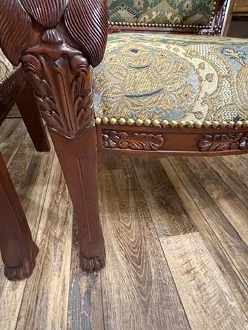 Pair Ornate Carved Wood Lion Head Armchairs Tapestry Upholstery Paw Feet