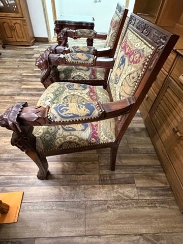 Pair Ornate Carved Wood Lion Head Armchairs Tapestry Upholstery Paw Feet